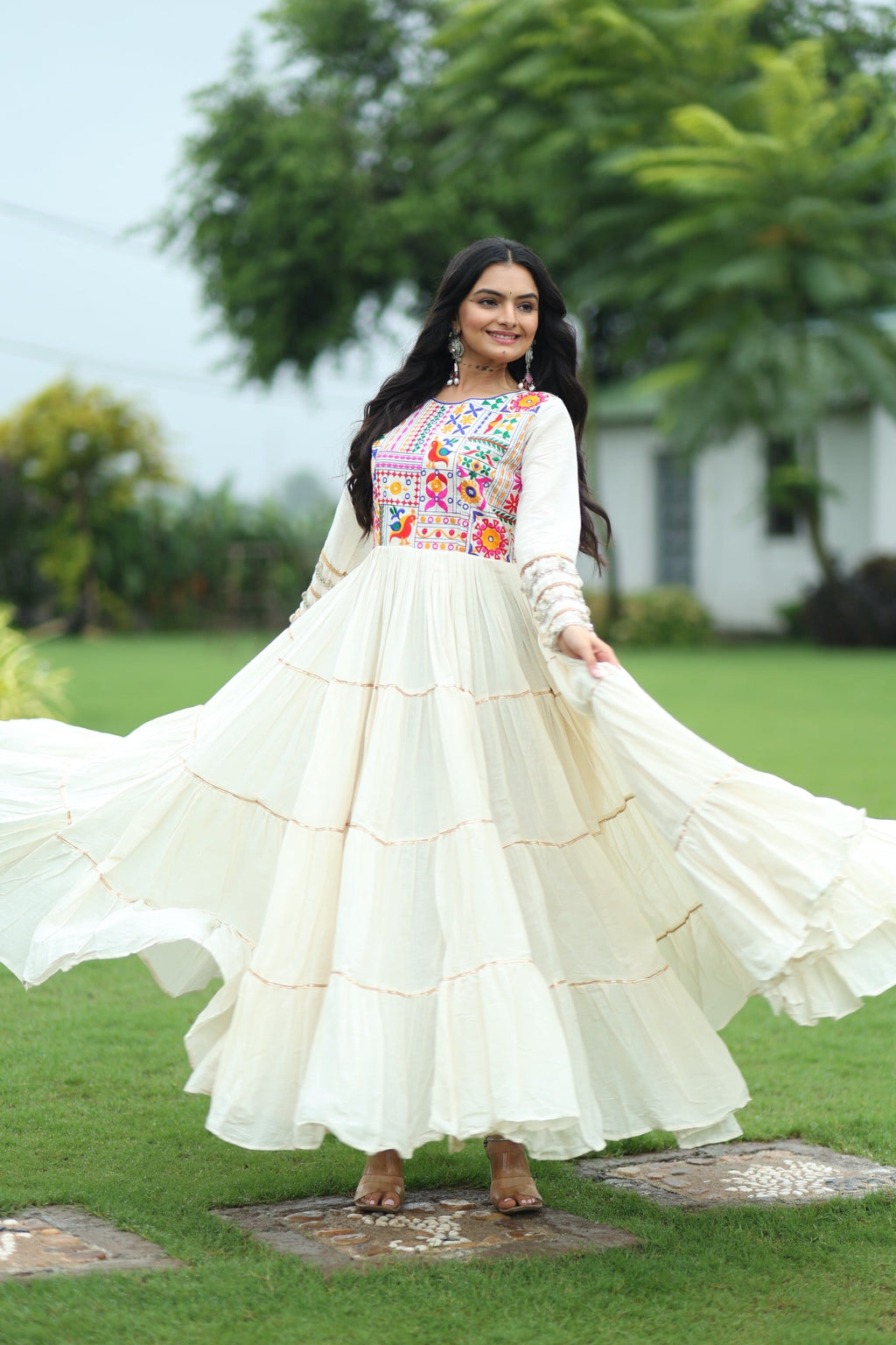 Prazu Fashion Off White Cotton Thread Embroiderd Navratri Gown | Grocsy