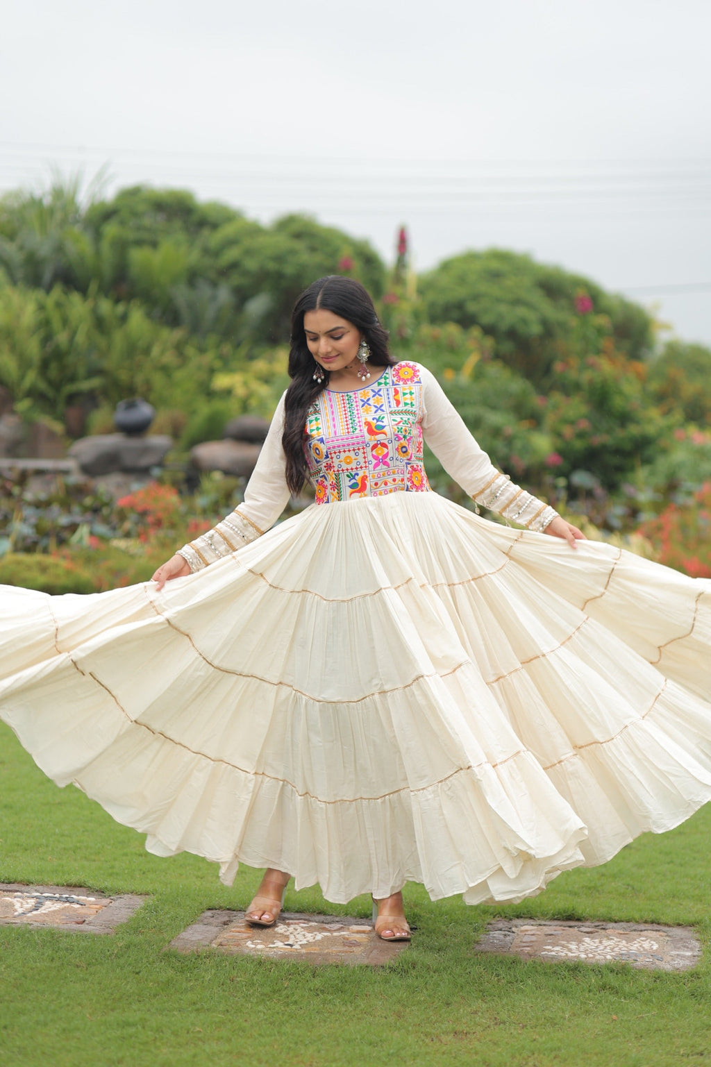 Prazu Fashion Off White Cotton Thread Embroiderd Navratri Gown | Grocsy