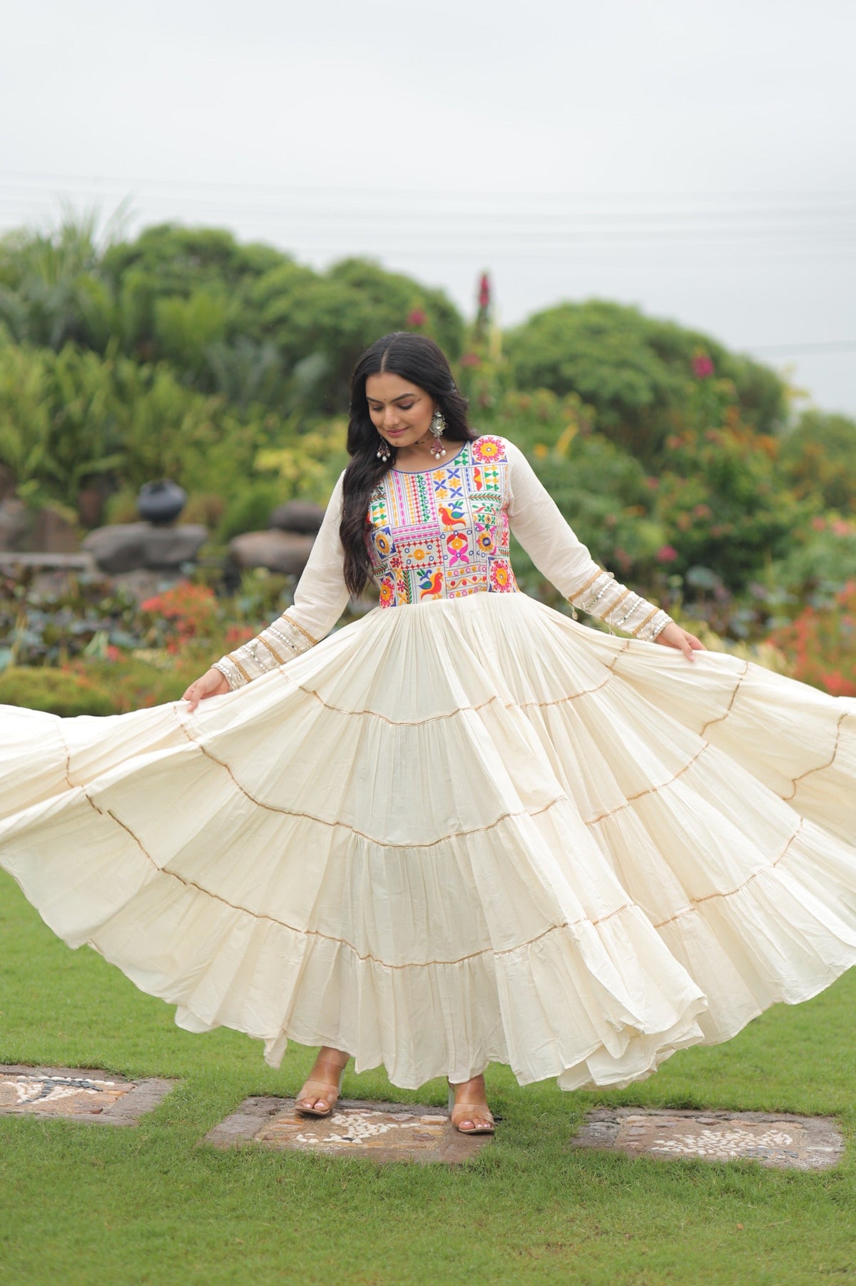 Prazu Fashion Off White Cotton Thread Embroiderd Navratri Gown | Grocsy