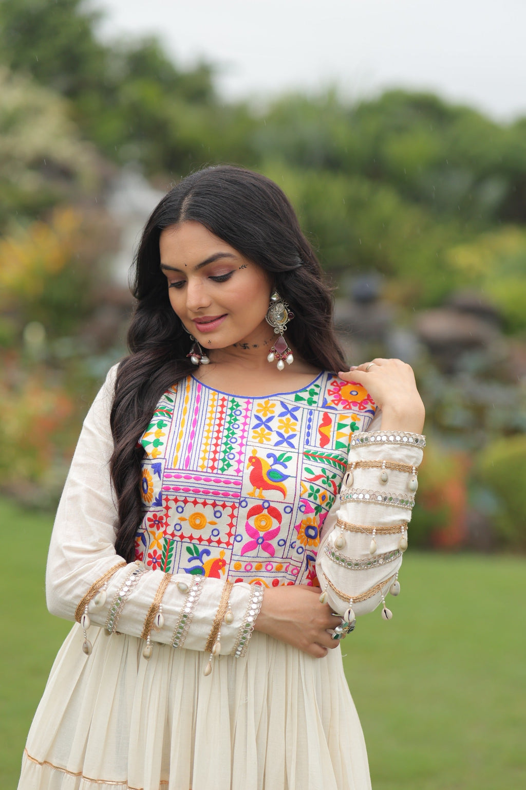 Prazu Fashion Off White Cotton Thread Embroiderd Navratri Gown | Grocsy