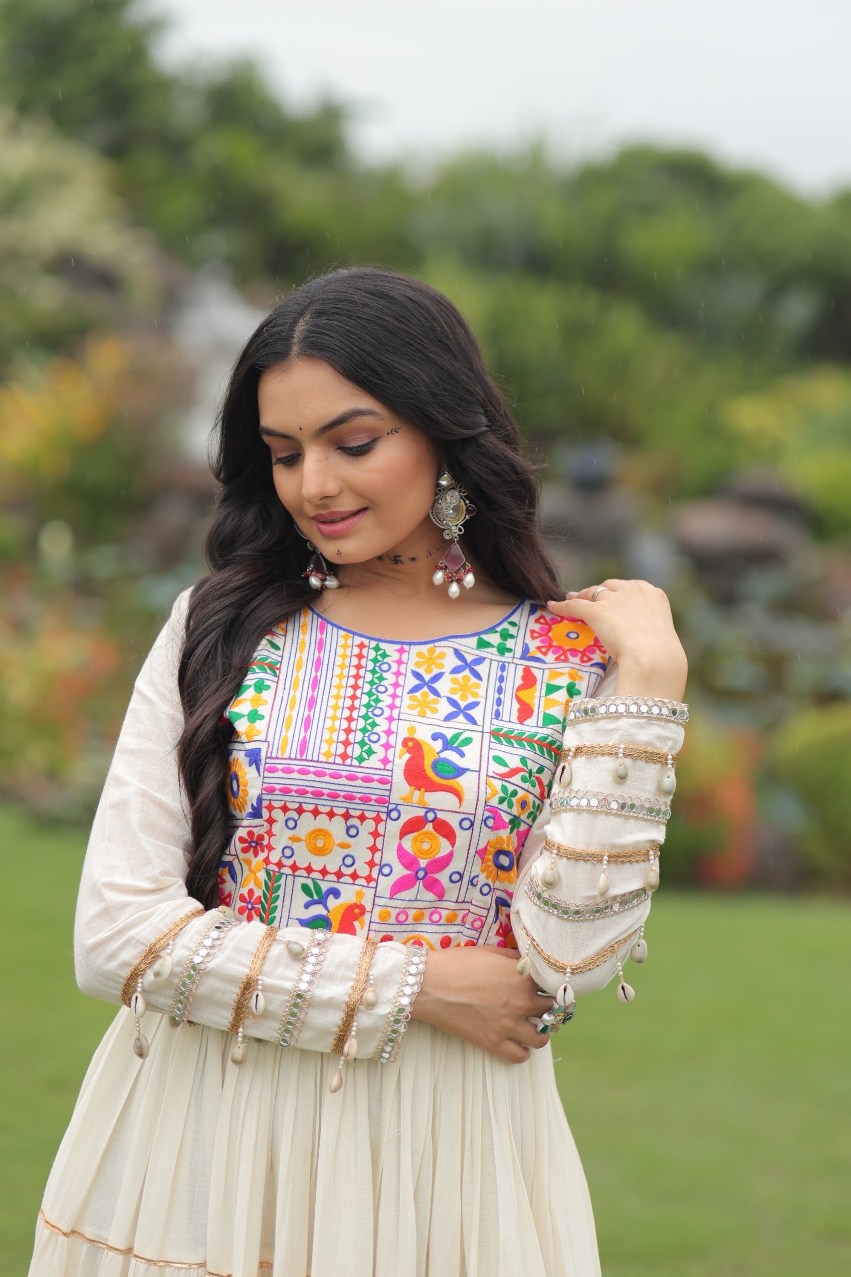 Prazu Fashion Off White Cotton Thread Embroiderd Navratri Gown | Grocsy