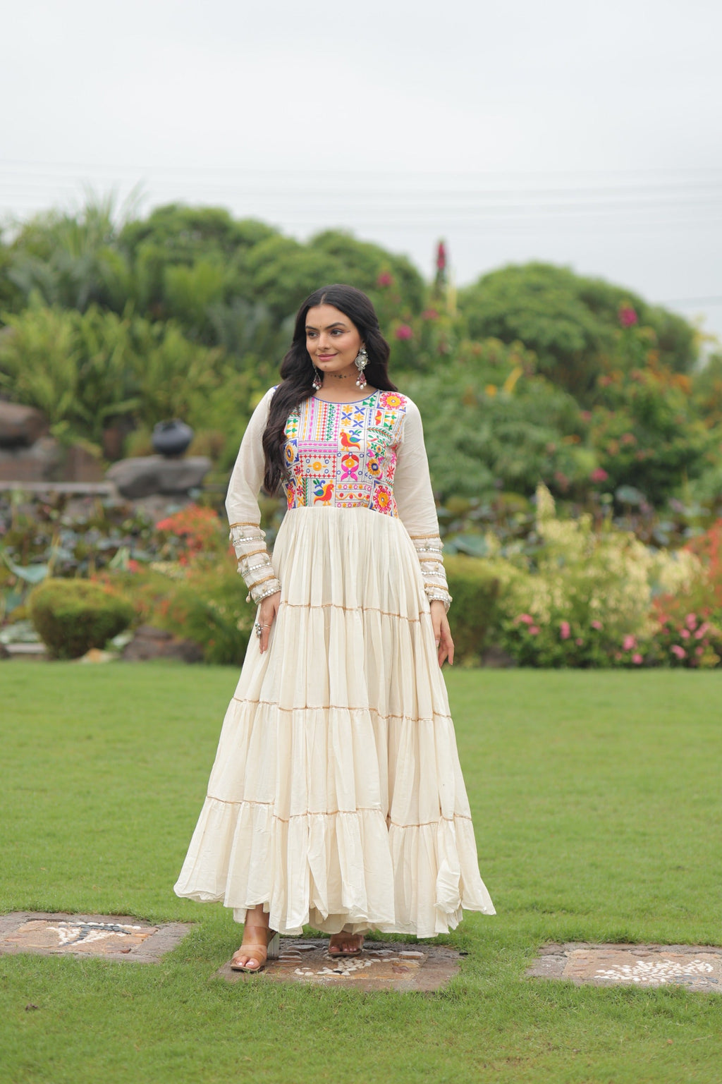 Prazu Fashion Off White Cotton Thread Embroiderd Navratri Gown | Grocsy