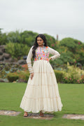 Lorenvalley Fashion Offwhite Kora Cotton with Multi Thread Embroidered & Gota patti Work Gown | Grocsy