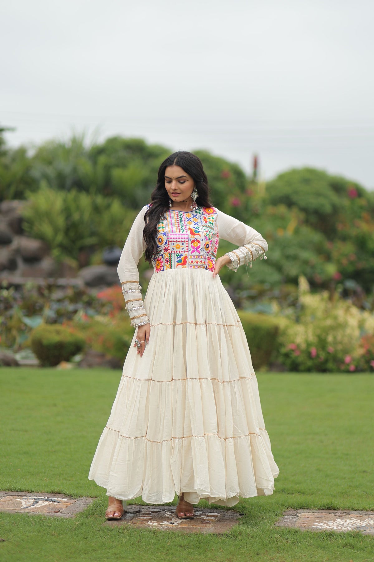 Lorenvalley Fashion Offwhite Kora Cotton with Multi Thread Embroidered & Gota patti Work Gown | Grocsy