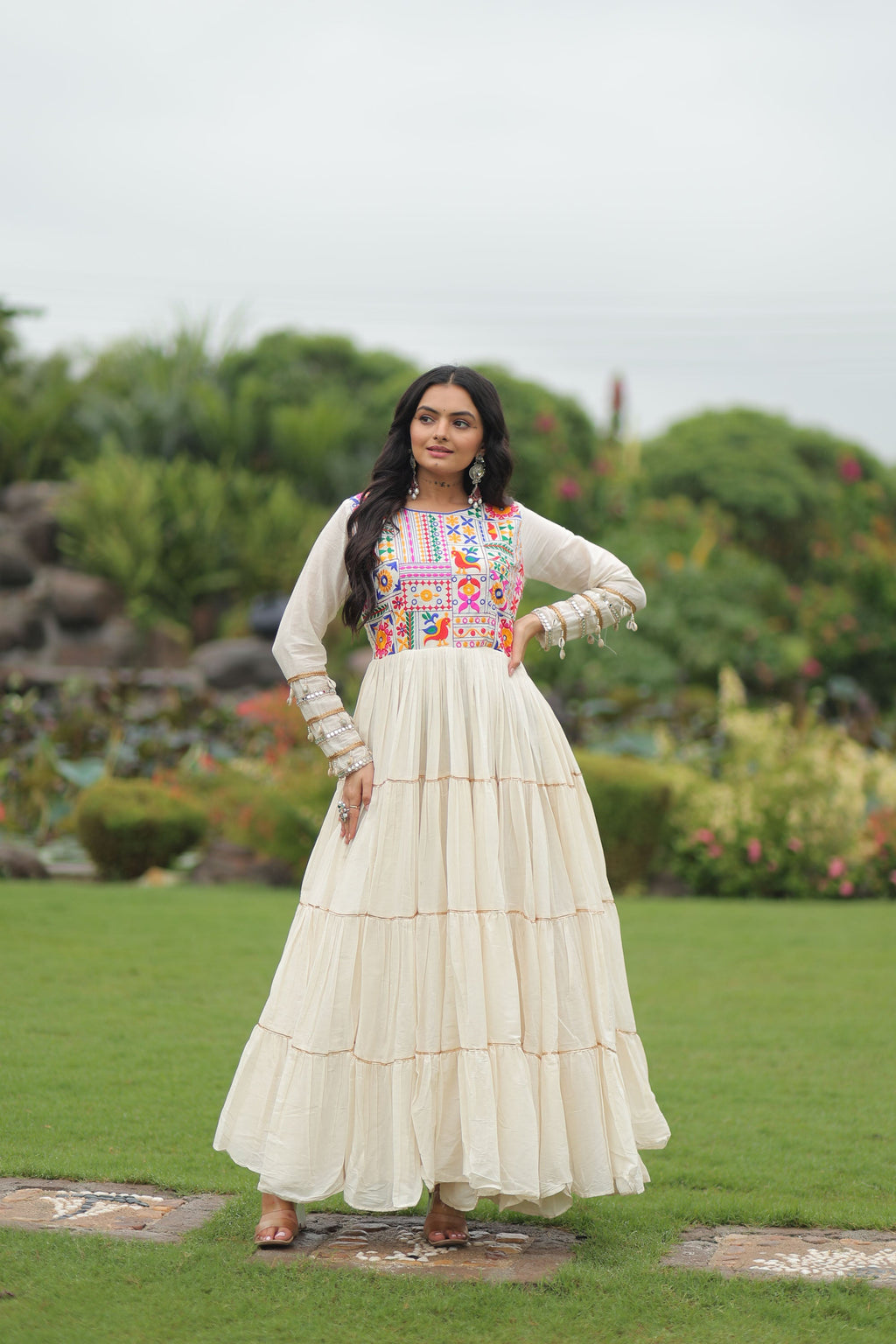 Lorenvalley Fashion Offwhite Kora Cotton with Multi Thread Embroidered & Gota patti Work Gown | Grocsy