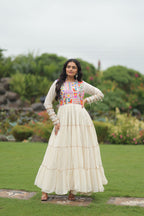 Lorenvalley Fashion Offwhite Kora Cotton with Multi Thread Embroidered & Gota patti Work Gown | Grocsy