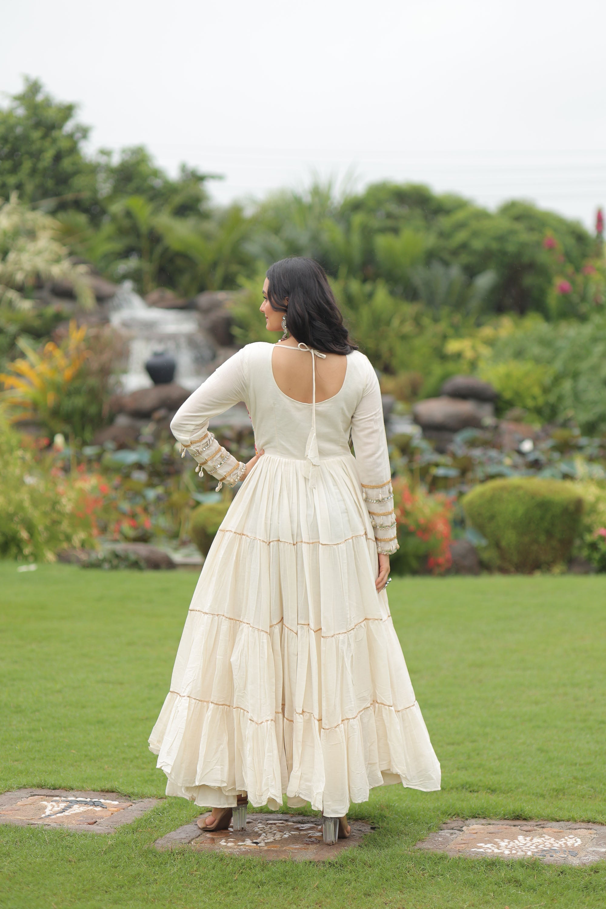 Lorenvalley Fashion Offwhite Kora Cotton with Multi Thread Embroidered & Gota patti Work Gown | Grocsy