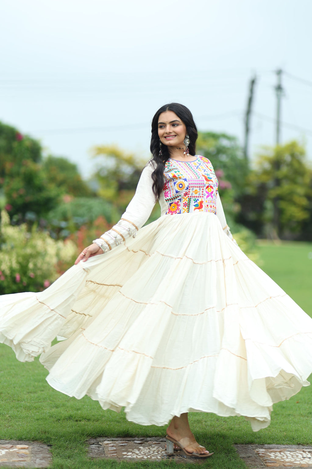 Lorenvalley Fashion Offwhite Kora Cotton with Multi Thread Embroidered & Gota patti Work Gown | Grocsy