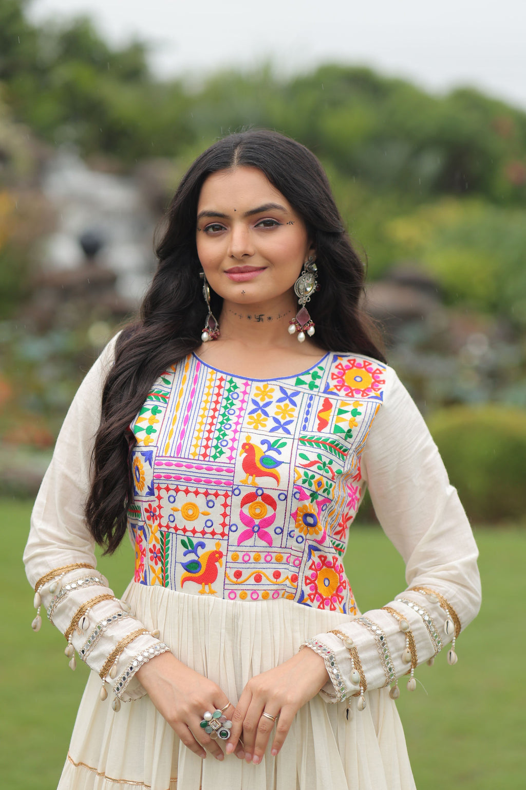 Lorenvalley Fashion Offwhite Kora Cotton with Multi Thread Embroidered & Gota patti Work Gown | Grocsy