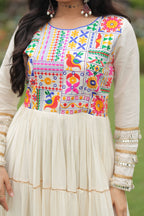 Lorenvalley Fashion Offwhite Kora Cotton with Multi Thread Embroidered & Gota patti Work Gown | Grocsy