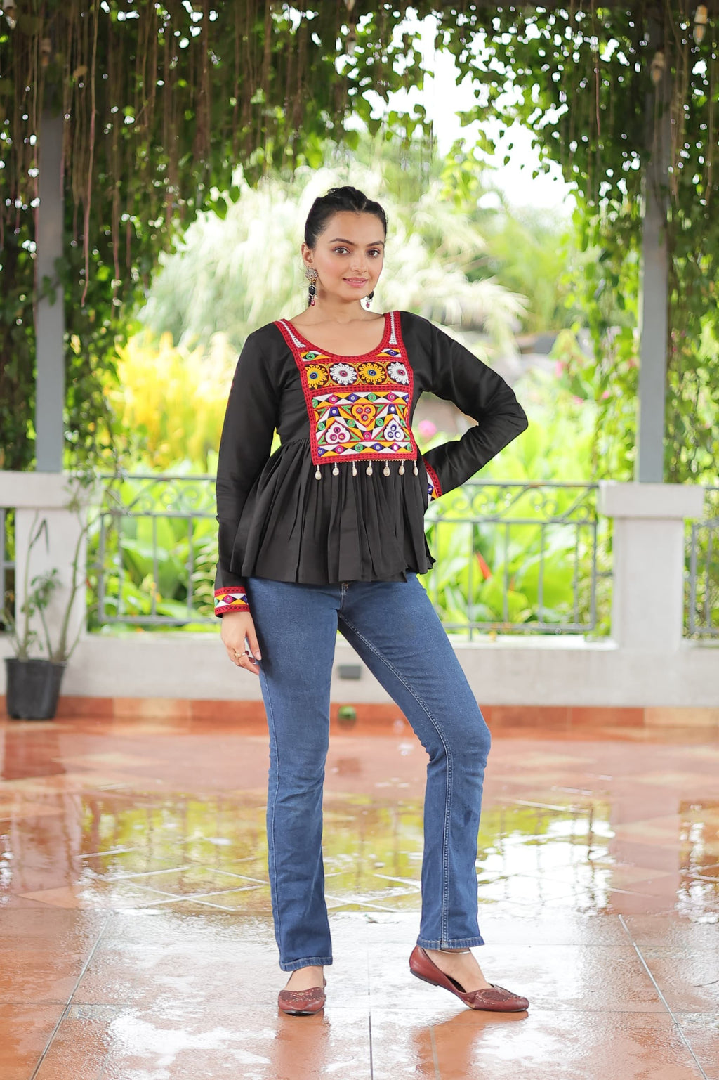 Prazu Fashion Black Roman Silk With Kutchi Gamthi Work Navaratri Top | Grocsy