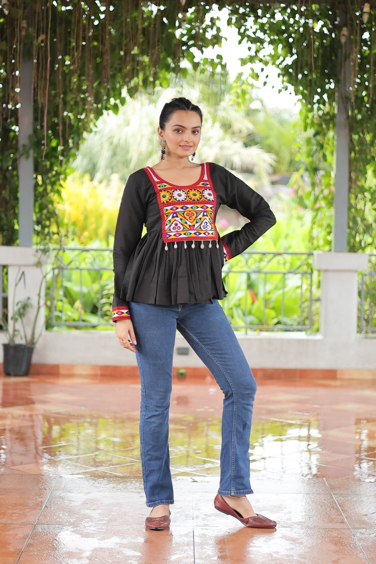 Prazu Fashion Black Roman Silk With Kutchi Gamthi Work Navaratri Top | Grocsy