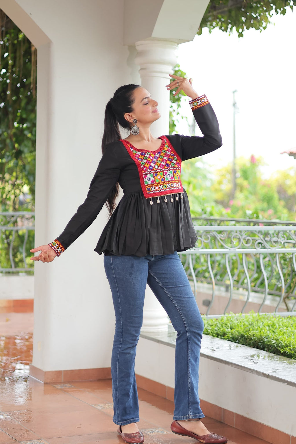 Prazu Fashion Black Roman Silk With Kutchi Gamthi Work Navaratri Top | Grocsy