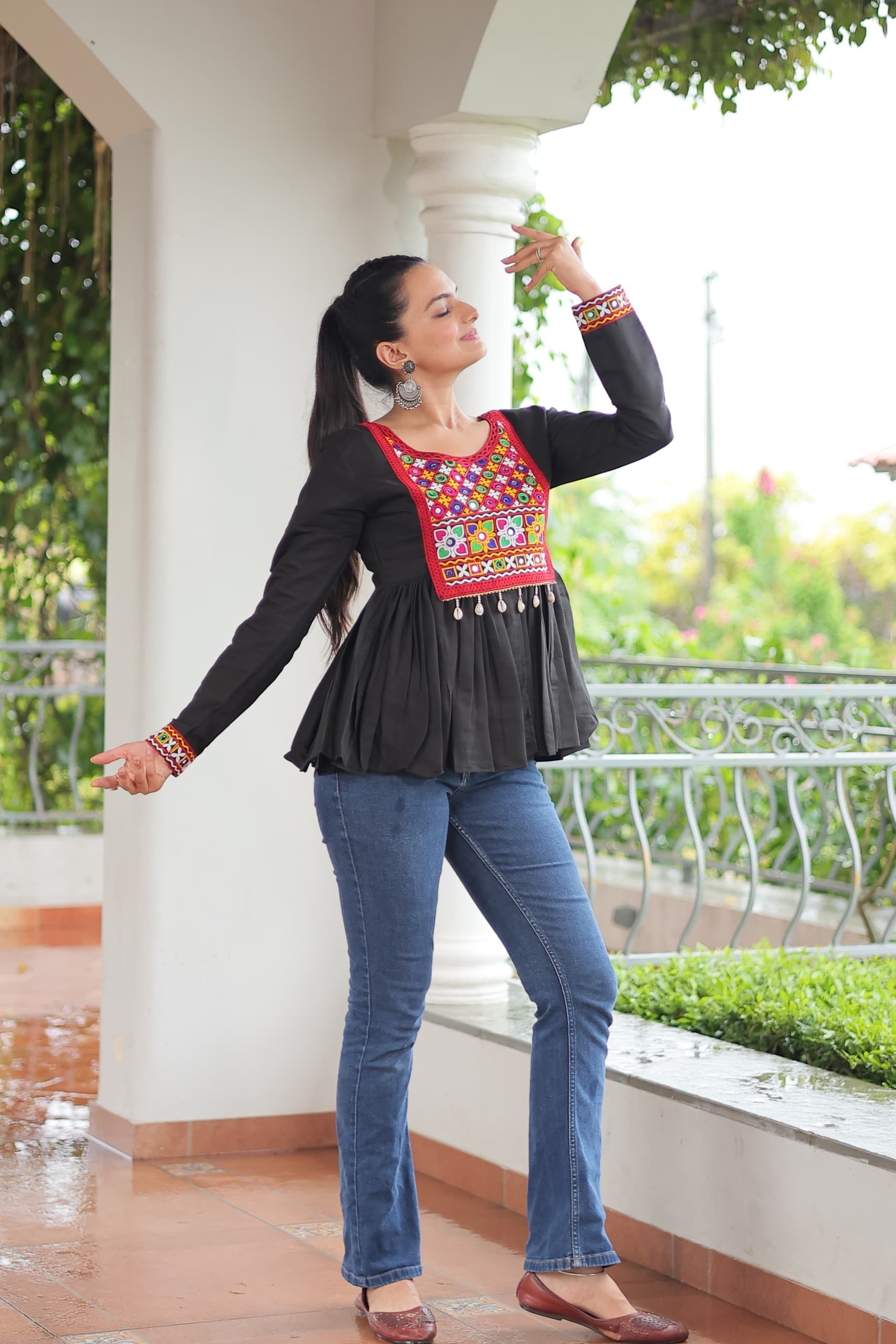 Prazu Fashion Black Roman Silk With Kutchi Gamthi Work Navaratri Top | Grocsy