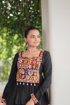 Prazu Fashion Black Roman Silk With Kutchi Gamthi Work Navaratri Top | Grocsy