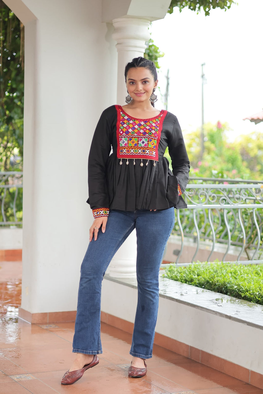Prazu Fashion Black Roman Silk With Kutchi Gamthi Work Navaratri Top | Grocsy
