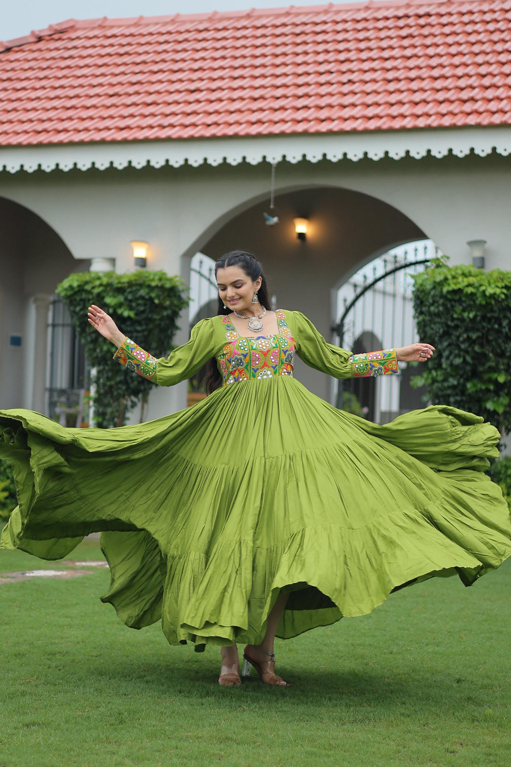 Prazu Fashion Parrot Reyon Kutchi Gamthi Work Navaratri Gown | Grocsy