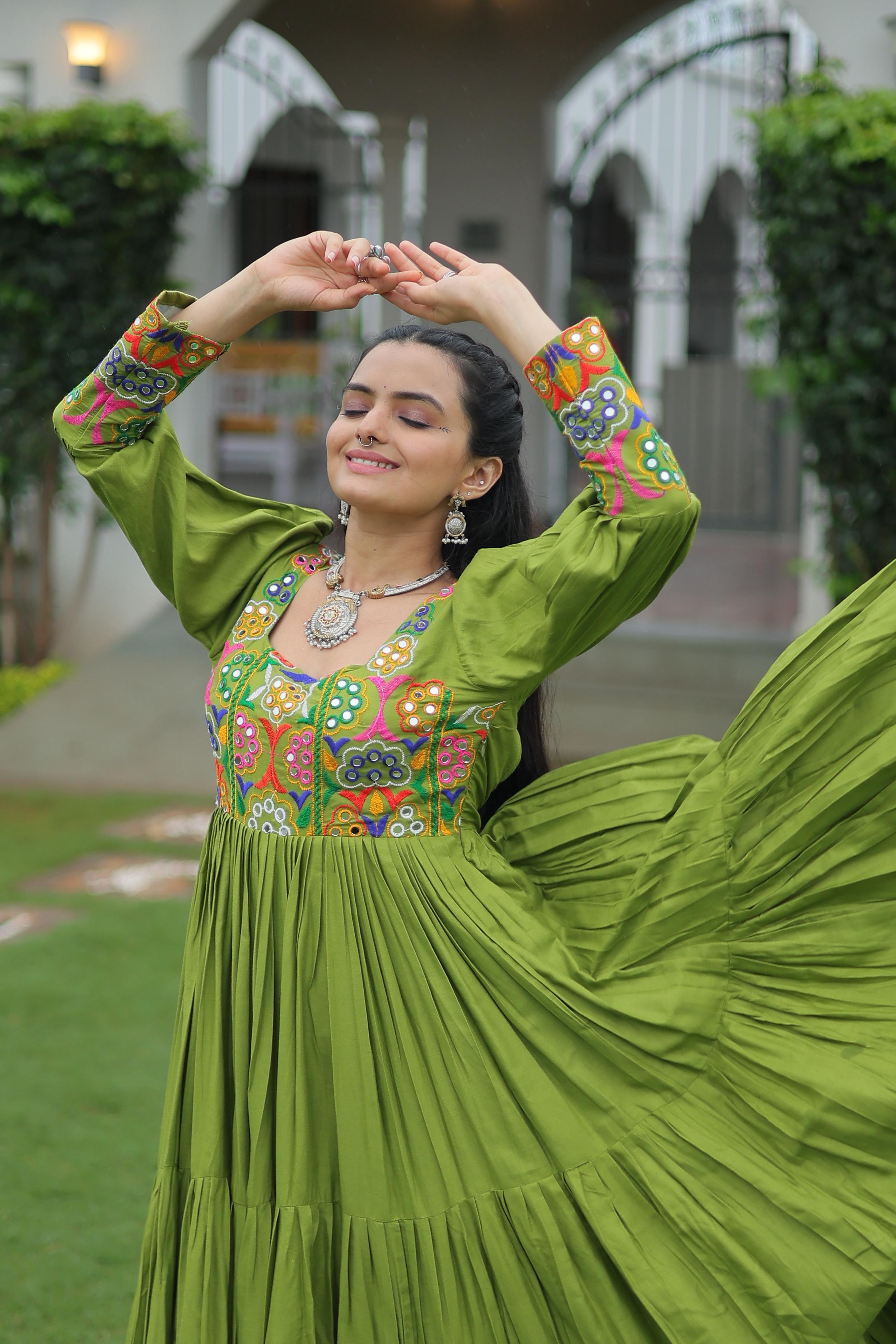 Prazu Fashion Parrot Reyon Kutchi Gamthi Work Navaratri Gown | Grocsy