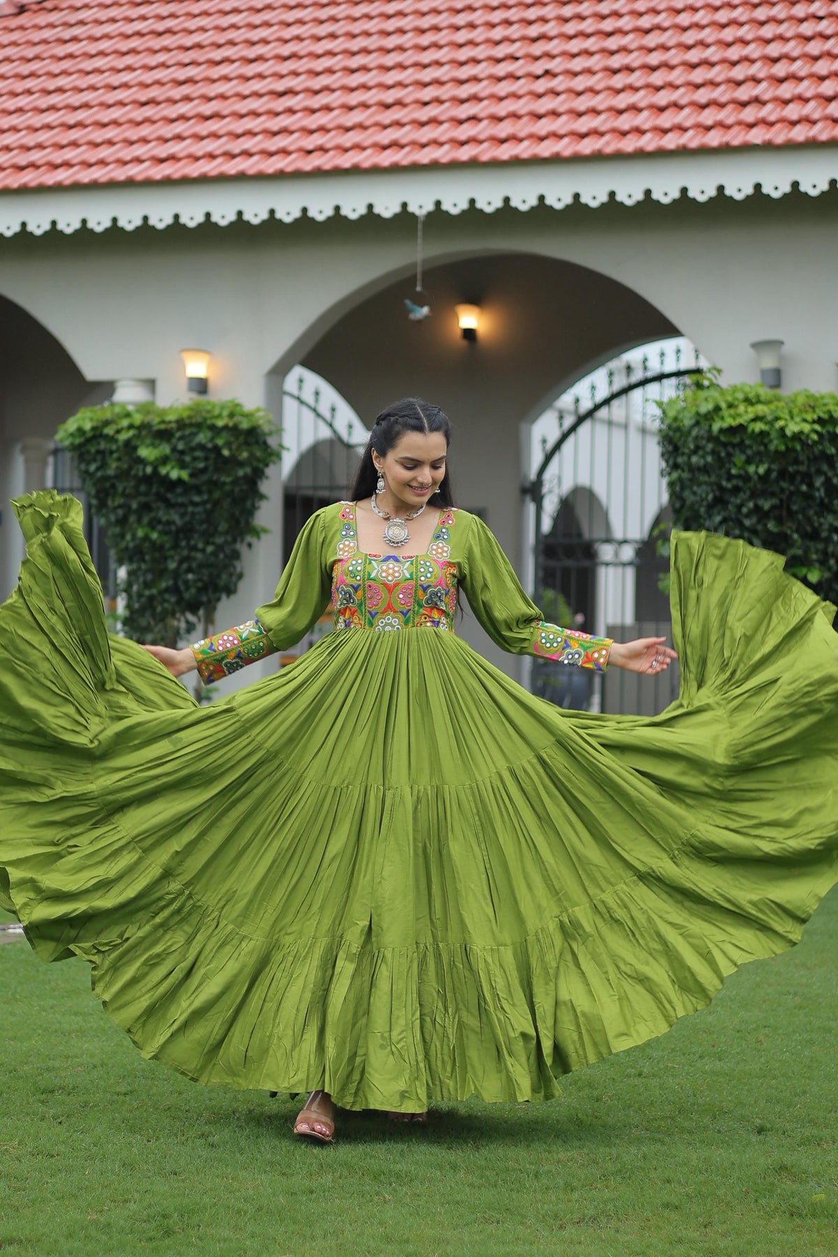 Prazu Fashion Parrot Reyon Kutchi Gamthi Work Navaratri Gown | Grocsy
