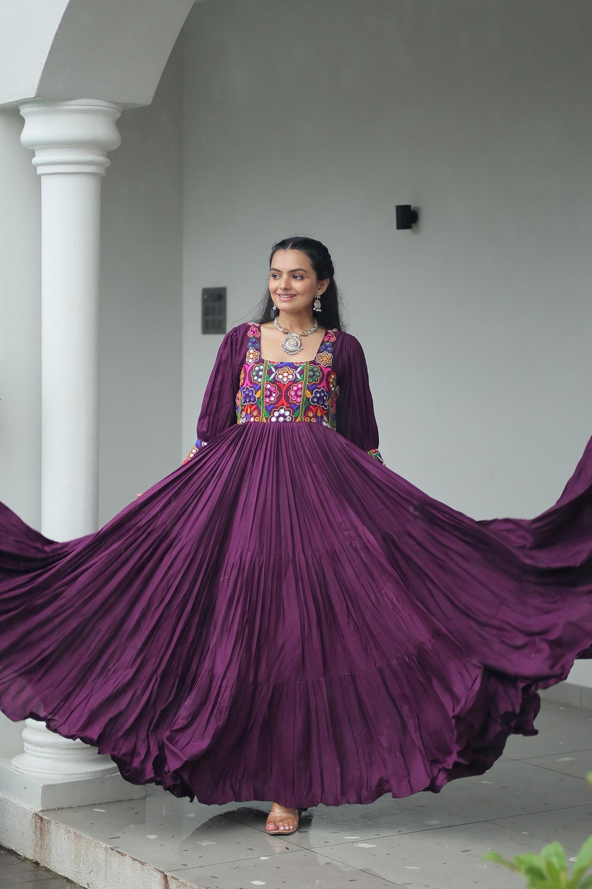 Prazu Fashion Wine Reyon Kutchi Gamthi Work Navaratri Gown | Grocsy