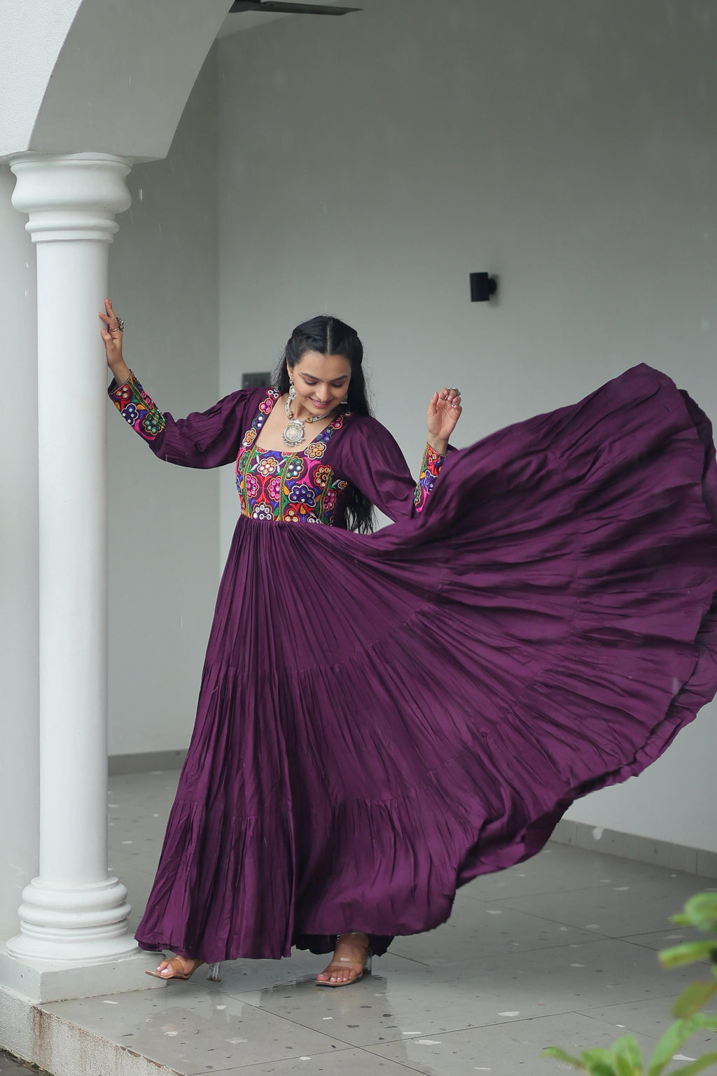Prazu Fashion Wine Reyon Kutchi Gamthi Work Navaratri Gown | Grocsy