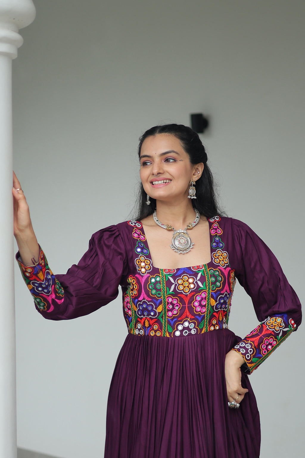 Prazu Fashion Wine Reyon Kutchi Gamthi Work Navaratri Gown | Grocsy