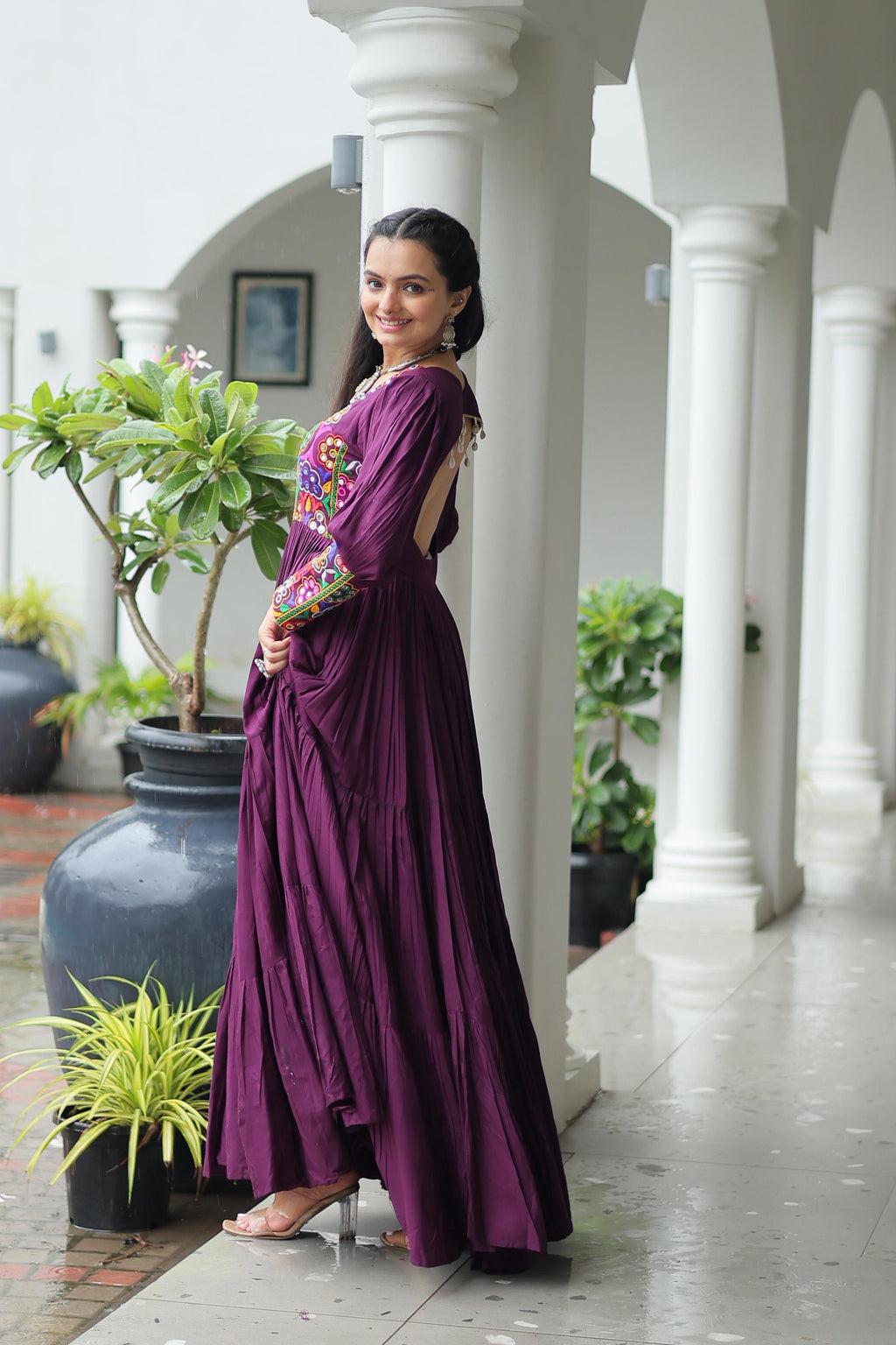 Prazu Fashion Wine Reyon Kutchi Gamthi Work Navaratri Gown | Grocsy