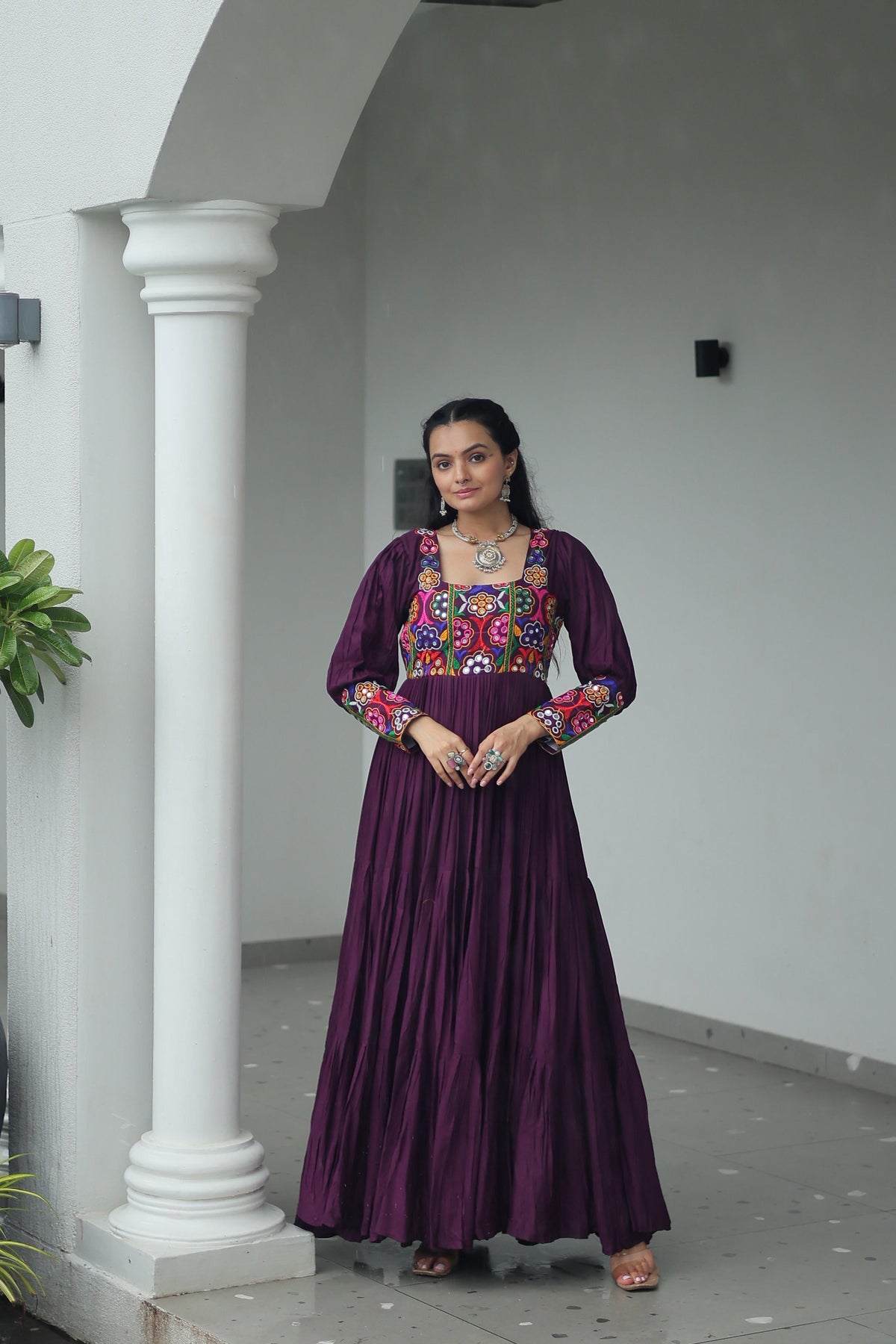 Prazu Fashion Wine Reyon Kutchi Gamthi Work Navaratri Gown | Grocsy