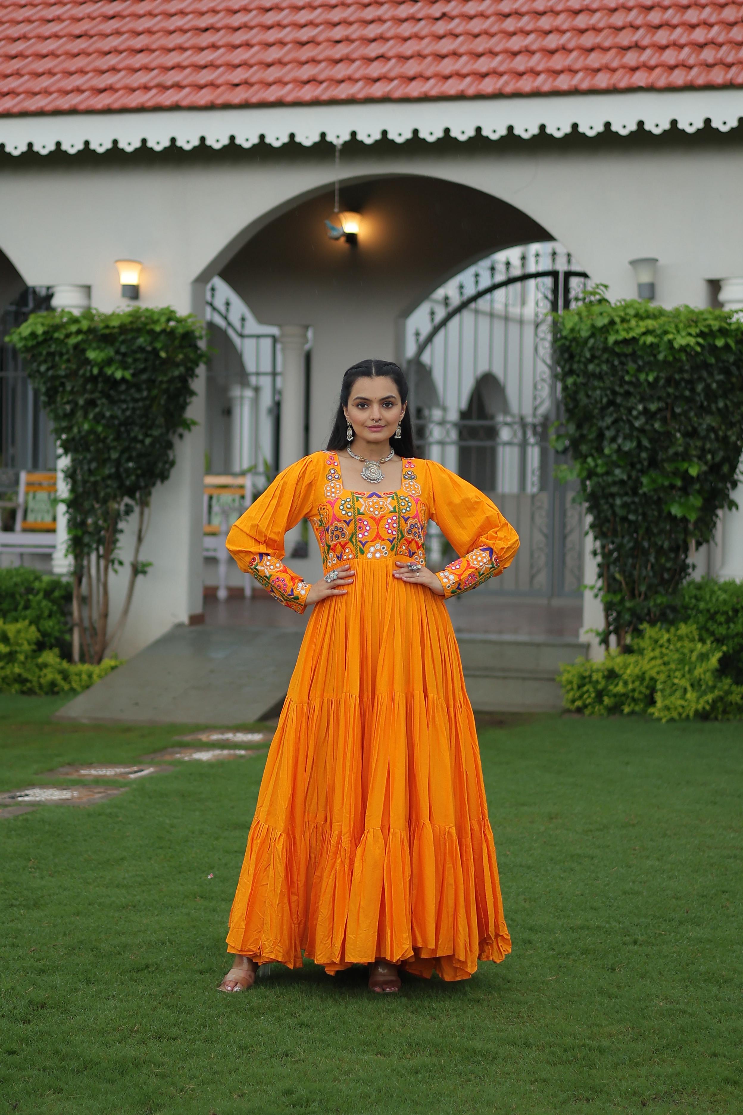 Prazu Fashion Yellow Reyon Kutchi Gamthi Work Navaratri Gown | Grocsy