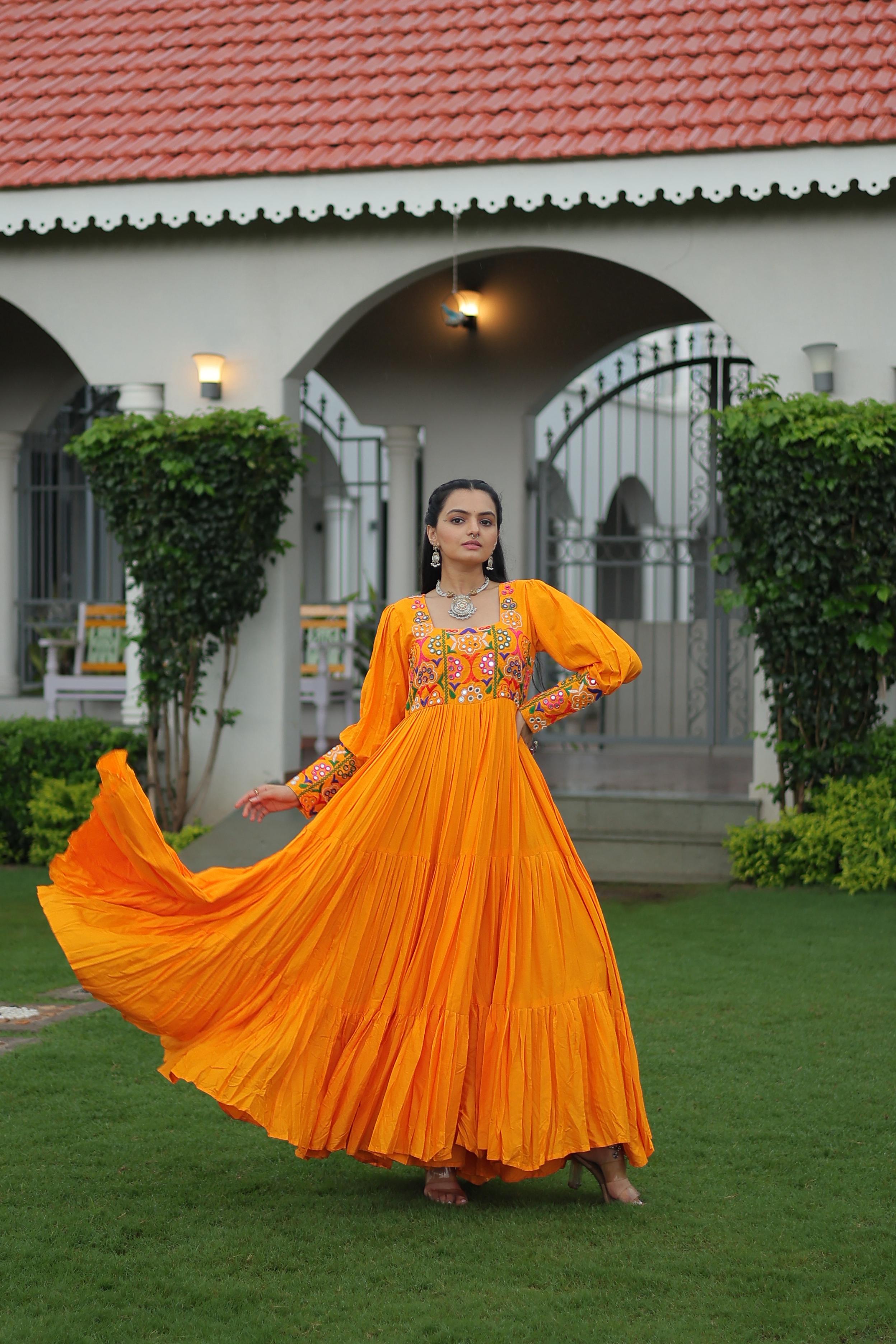 Prazu Fashion Yellow Reyon Kutchi Gamthi Work Navaratri Gown | Grocsy