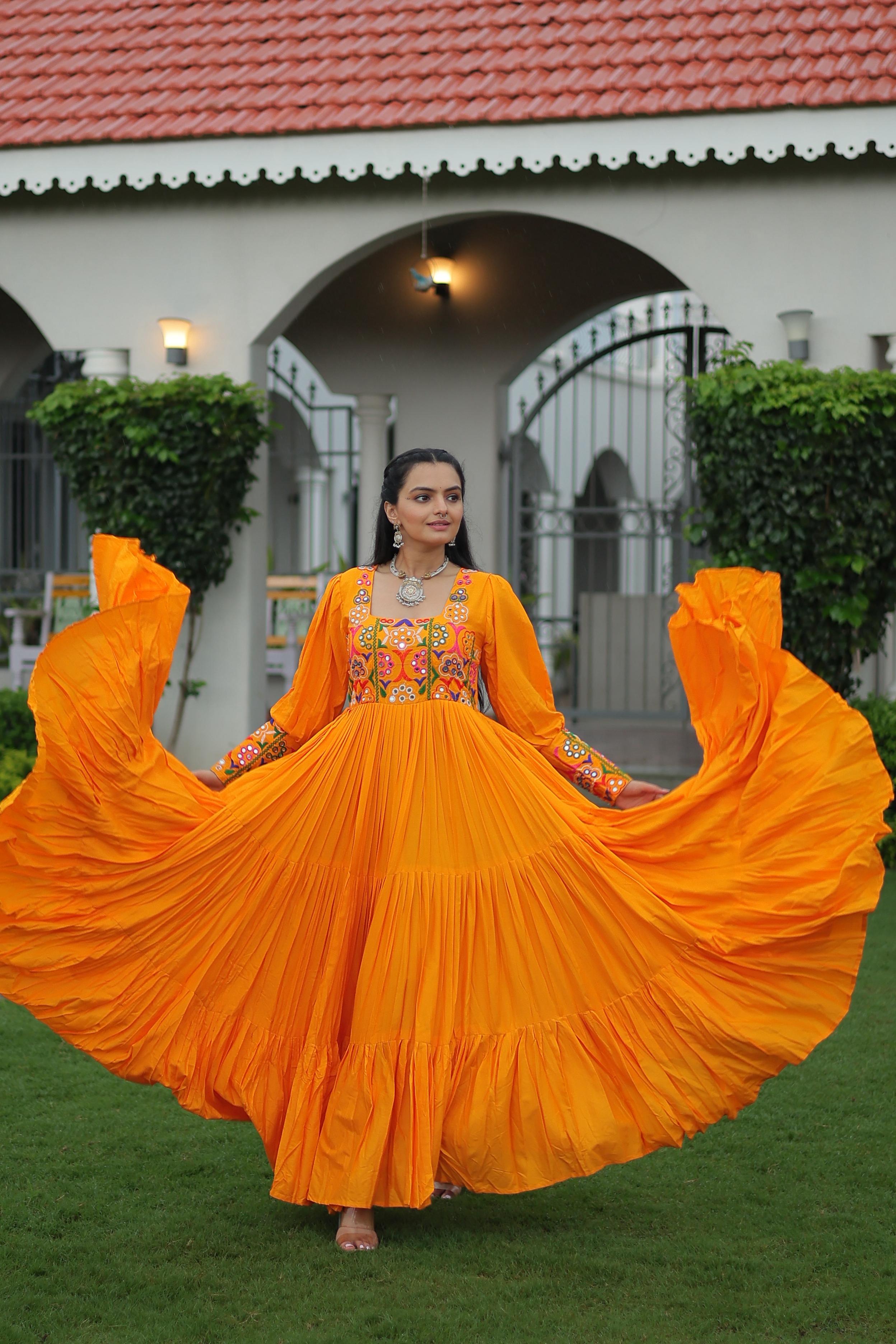Prazu Fashion Yellow Reyon Kutchi Gamthi Work Navaratri Gown | Grocsy