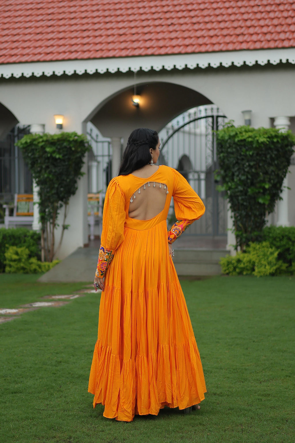 Prazu Fashion Yellow Reyon Kutchi Gamthi Work Navaratri Gown | Grocsy