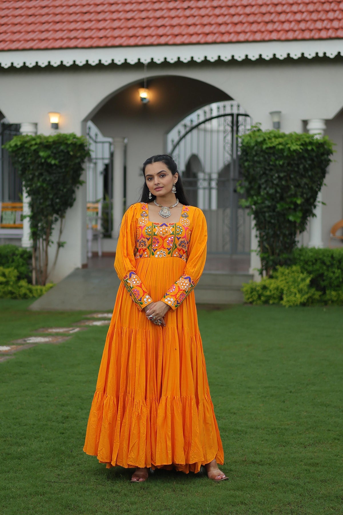 Prazu Fashion Yellow Reyon Kutchi Gamthi Work Navaratri Gown | Grocsy