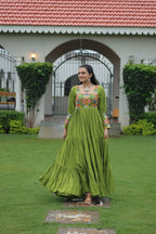 Lorenvalley Fashion Parotgreen Rayon with Kutchi Gamthi Work Gown | Grocsy
