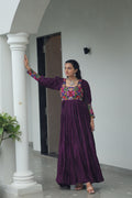 Lorenvalley Fashion Wine Rayon with Kutchi Gamthi Work Gown | Grocsy