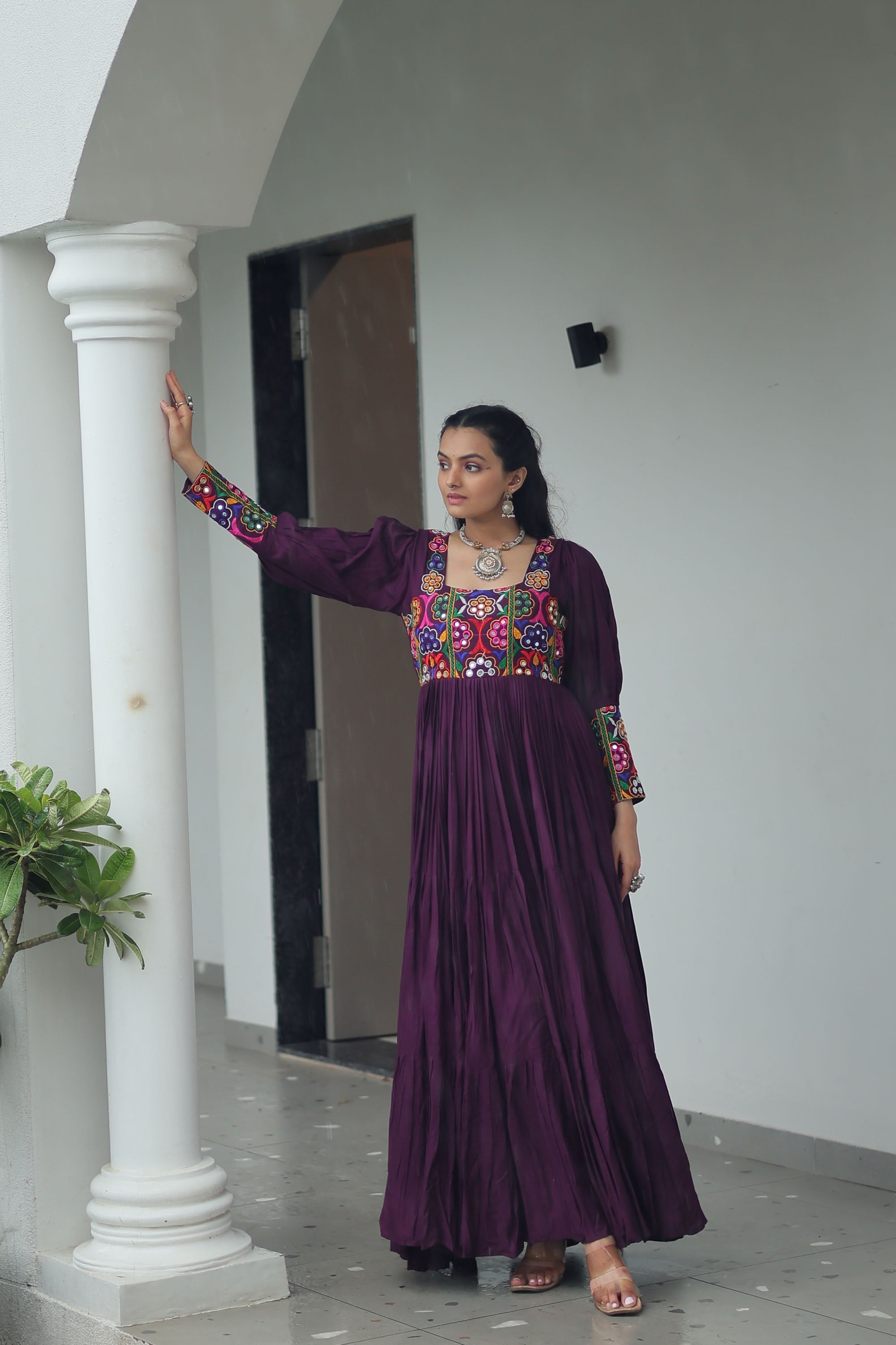 Lorenvalley Fashion Wine Rayon with Kutchi Gamthi Work Gown | Grocsy