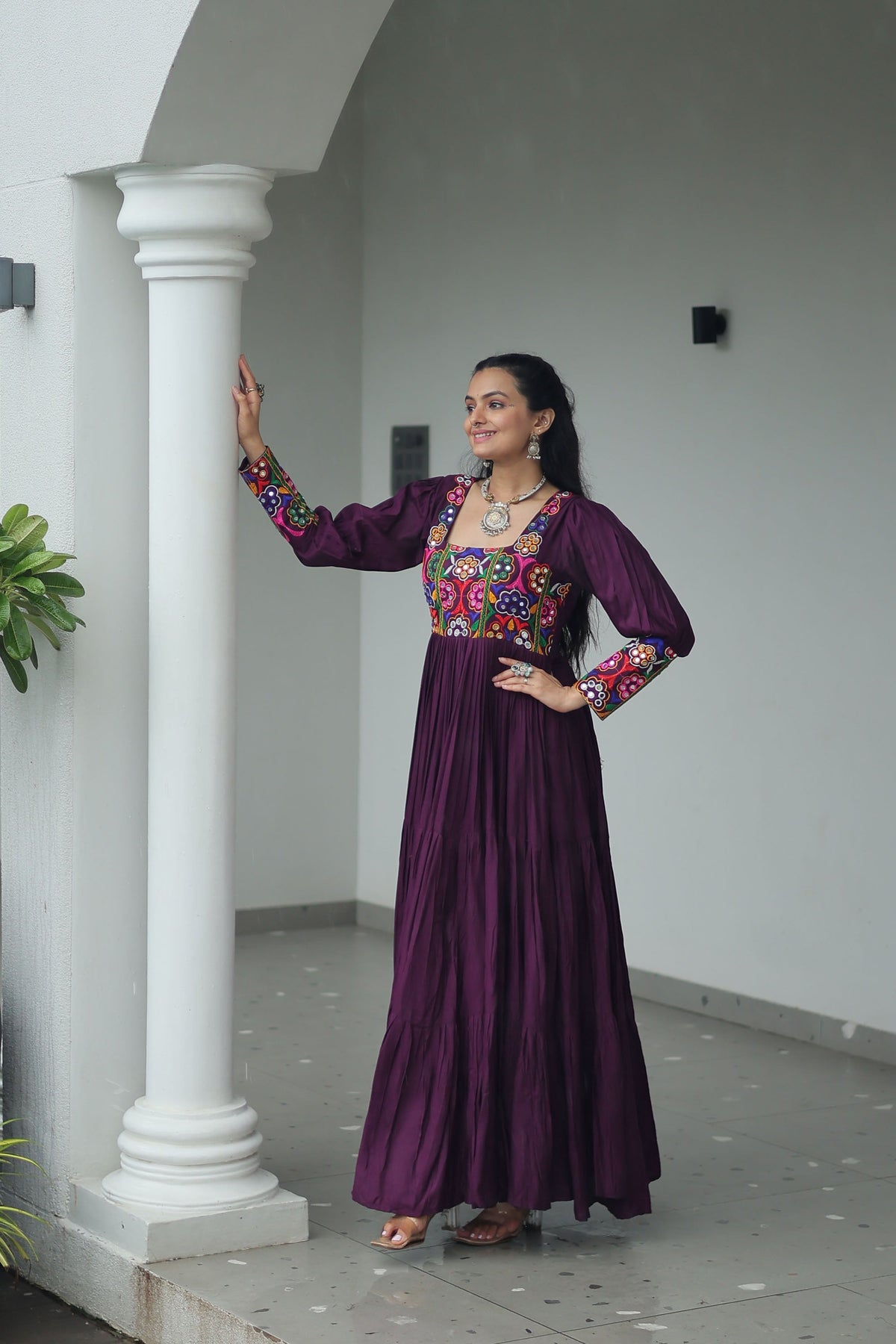 Lorenvalley Fashion Wine Rayon with Kutchi Gamthi Work Gown | Grocsy
