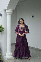 Lorenvalley Fashion Wine Rayon with Kutchi Gamthi Work Gown | Grocsy