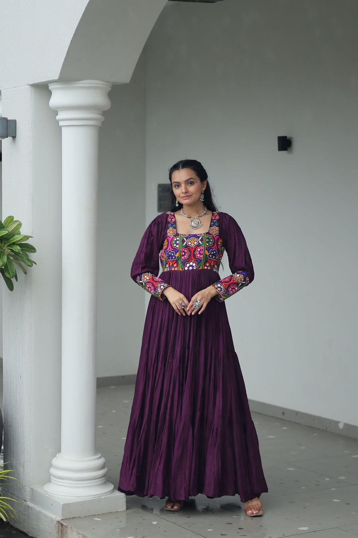 Lorenvalley Fashion Wine Rayon with Kutchi Gamthi Work Gown | Grocsy