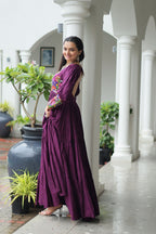Lorenvalley Fashion Wine Rayon with Kutchi Gamthi Work Gown | Grocsy