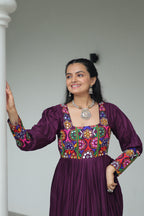Lorenvalley Fashion Wine Rayon with Kutchi Gamthi Work Gown | Grocsy
