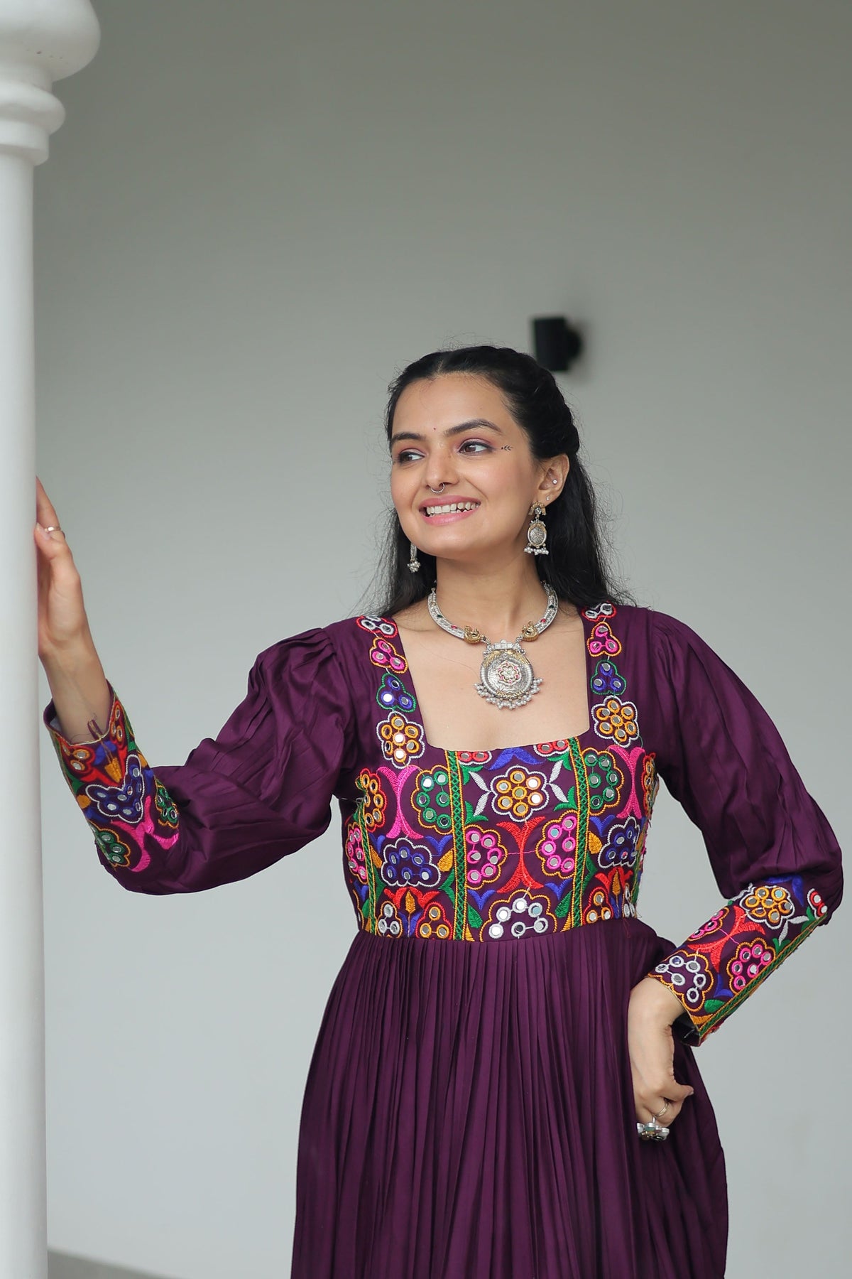 Lorenvalley Fashion Wine Rayon with Kutchi Gamthi Work Gown | Grocsy