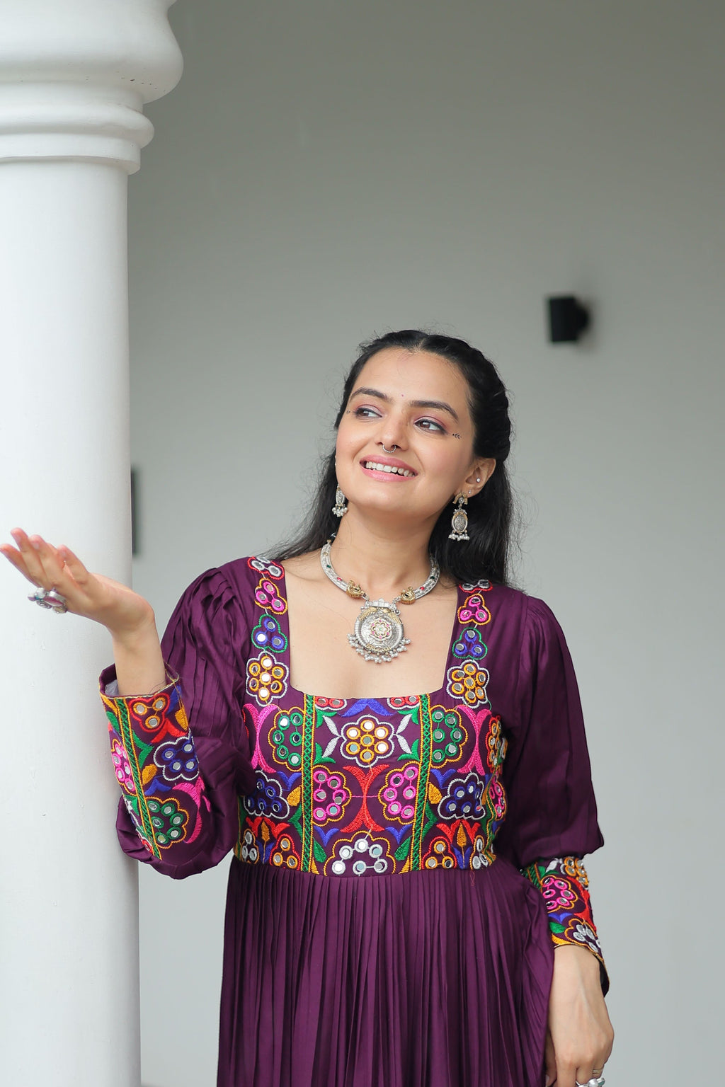 Lorenvalley Fashion Wine Rayon with Kutchi Gamthi Work Gown | Grocsy