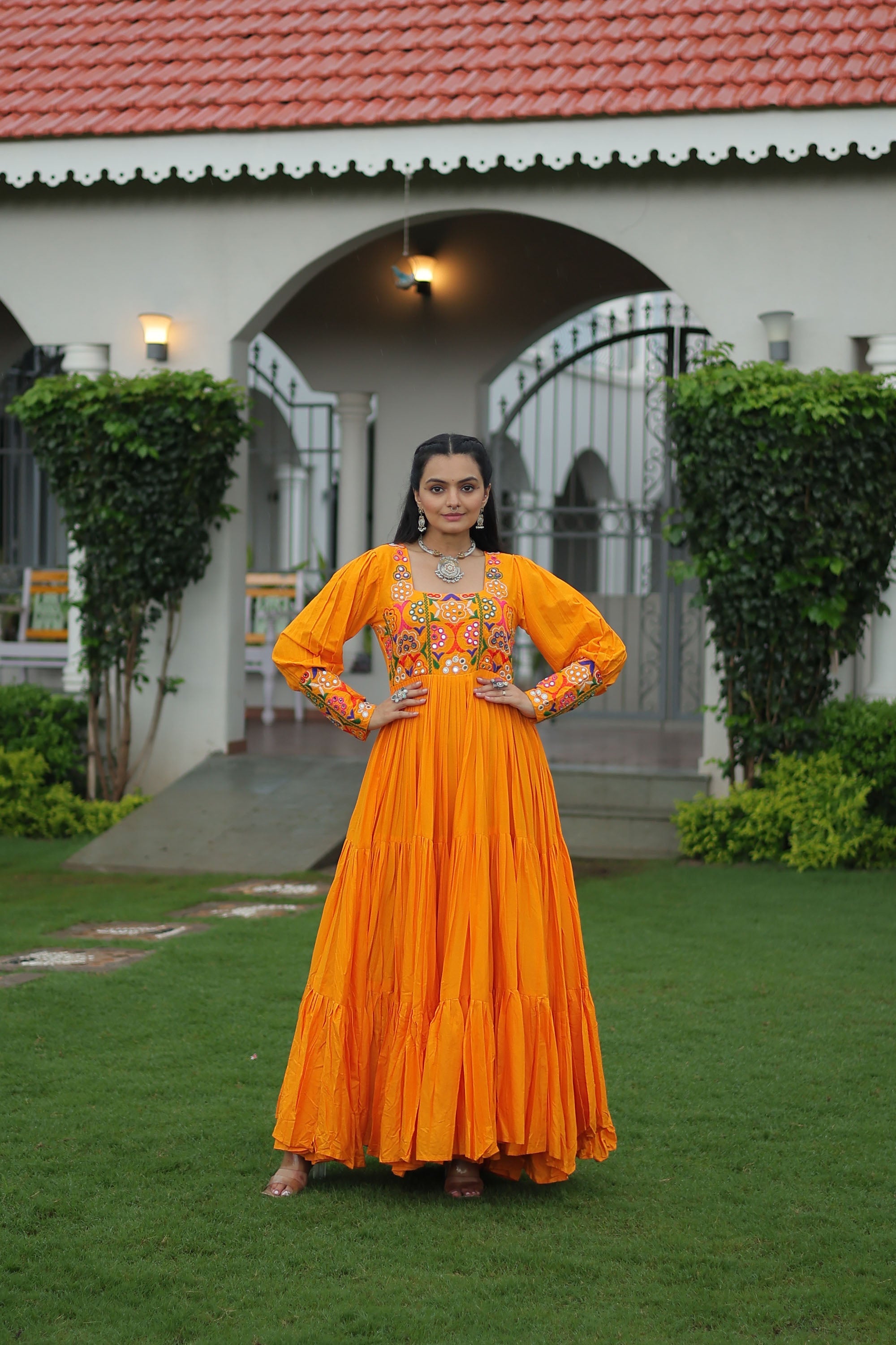 Lorenvalley Fashion Orange Rayon with Kutchi Gamthi Work Gown | Grocsy