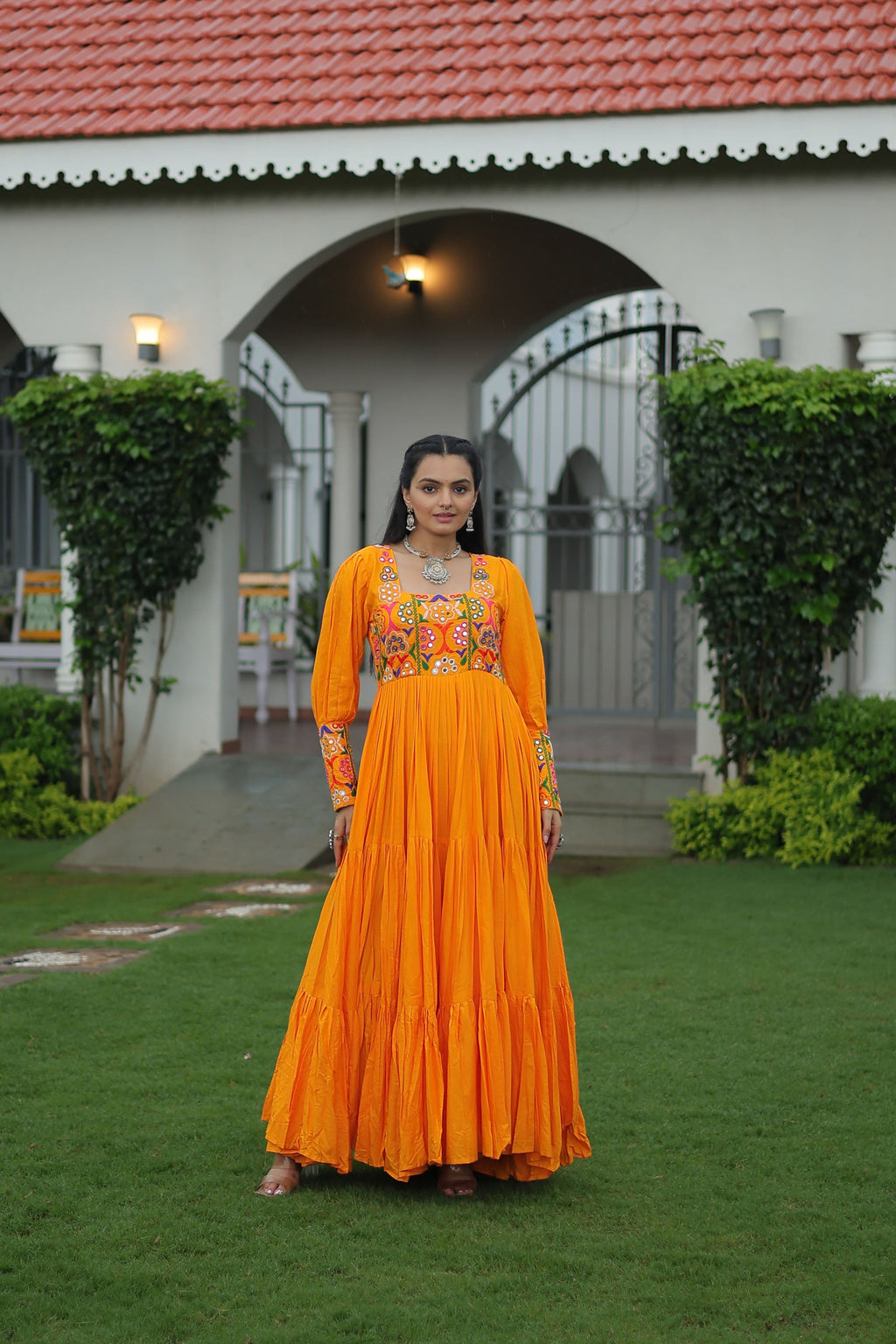 Lorenvalley Fashion Orange Rayon with Kutchi Gamthi Work Gown | Grocsy