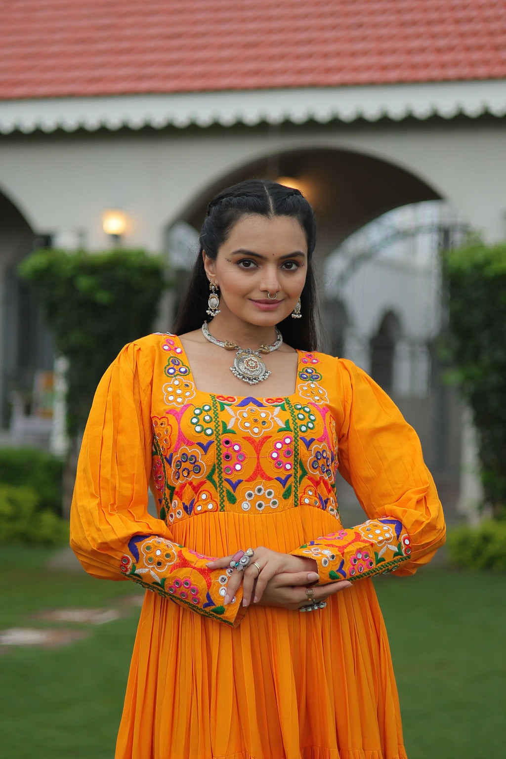Lorenvalley Fashion Orange Rayon with Kutchi Gamthi Work Gown | Grocsy
