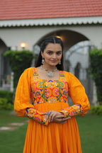 Lorenvalley Fashion Orange Rayon with Kutchi Gamthi Work Gown | Grocsy