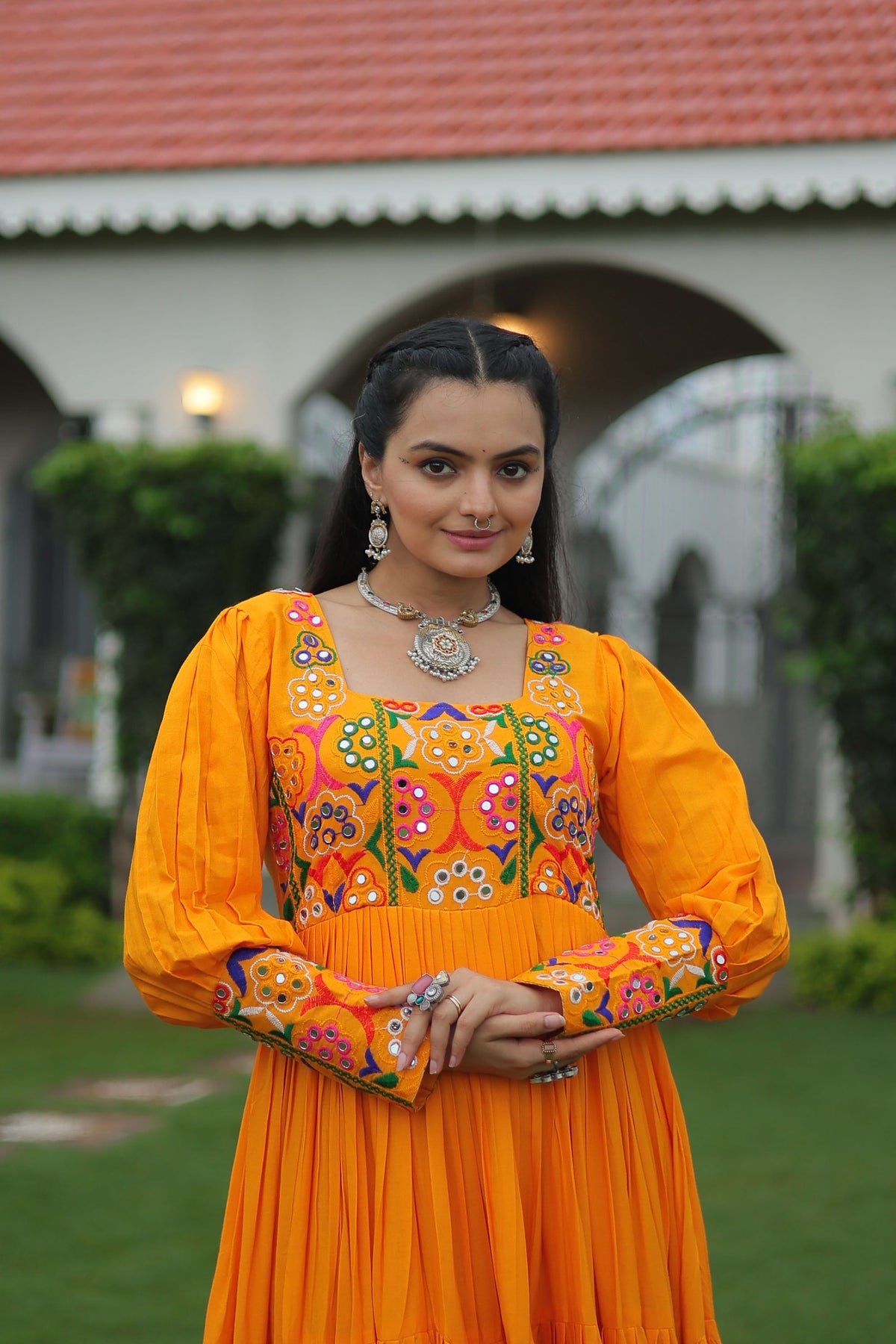 Lorenvalley Fashion Orange Rayon with Kutchi Gamthi Work Gown | Grocsy