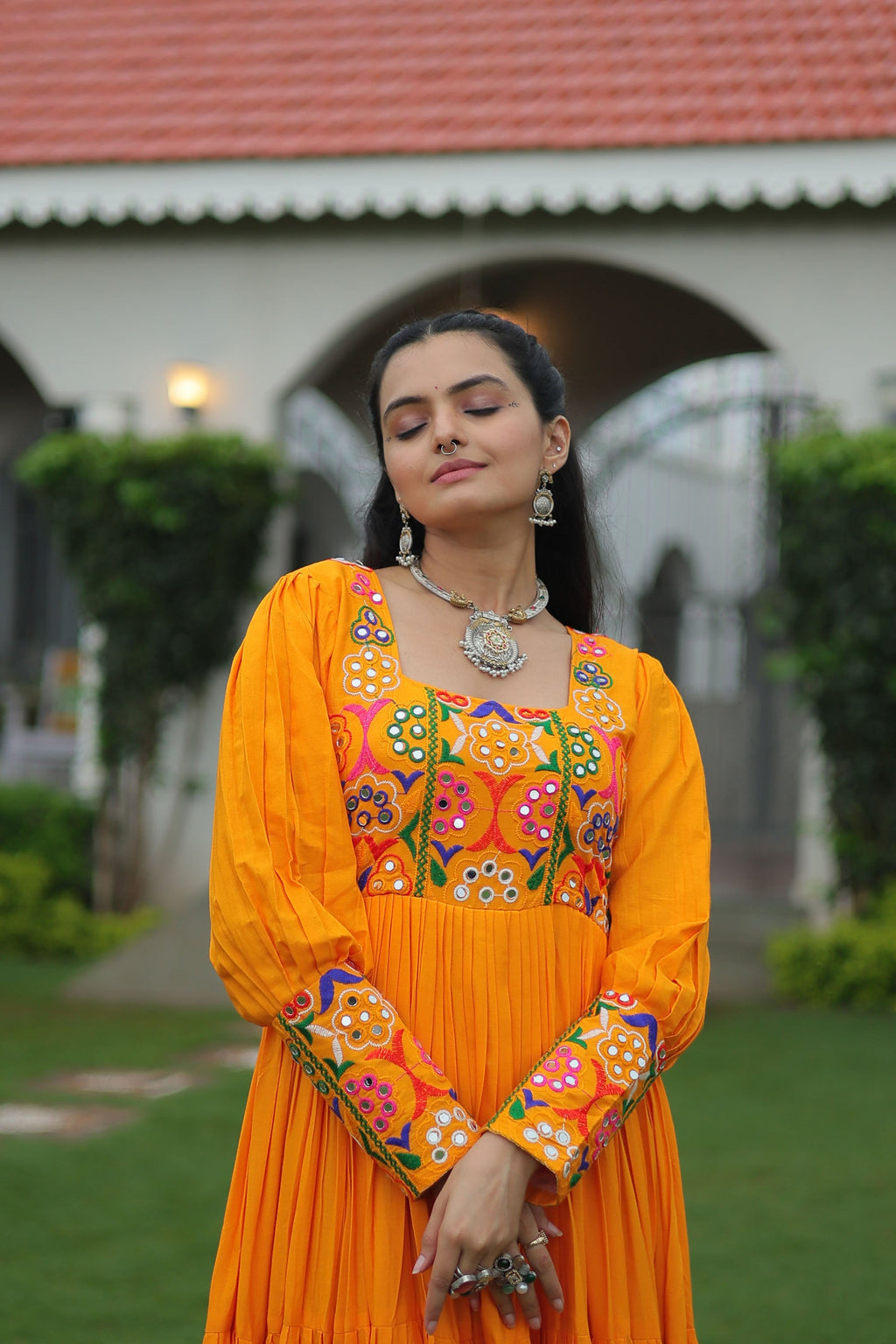 Lorenvalley Fashion Orange Rayon with Kutchi Gamthi Work Gown | Grocsy