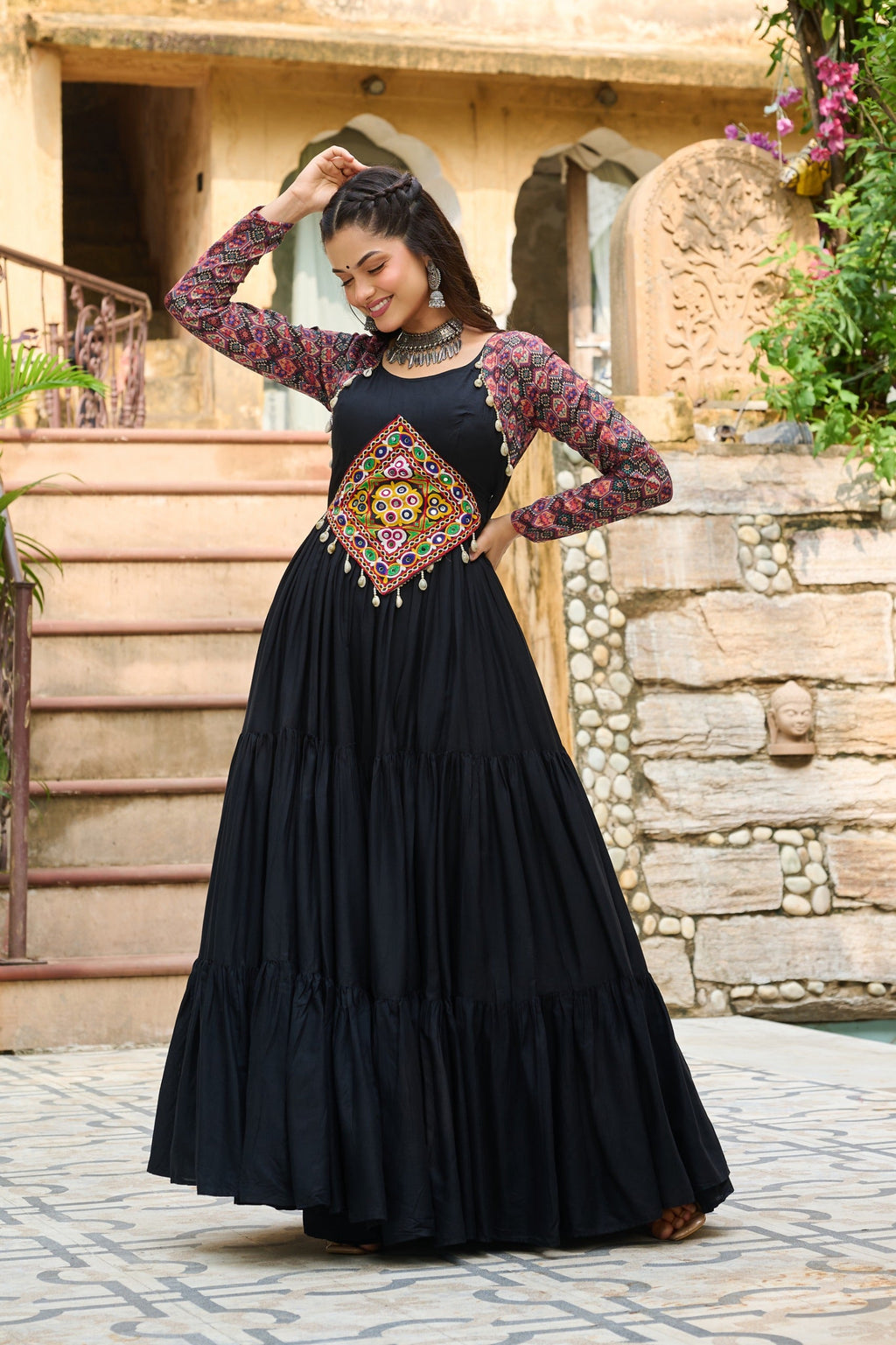 Prazu Fashion Black Reyon With Kutchi Gamthi Embroidered Navaratri Gown | Grocsy